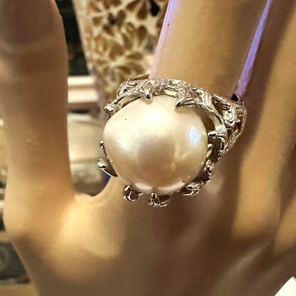 Genesis White Pearl 14mm Cultured  Fresh Water Pearl .925 Sterling Silver Sz 7 - Picture 3 of 3